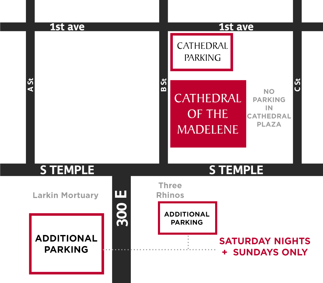 Parking map showing Cathedral parking north of the Cathedral and additional weekend parking at Larkin Mortuary and Three Rhinos